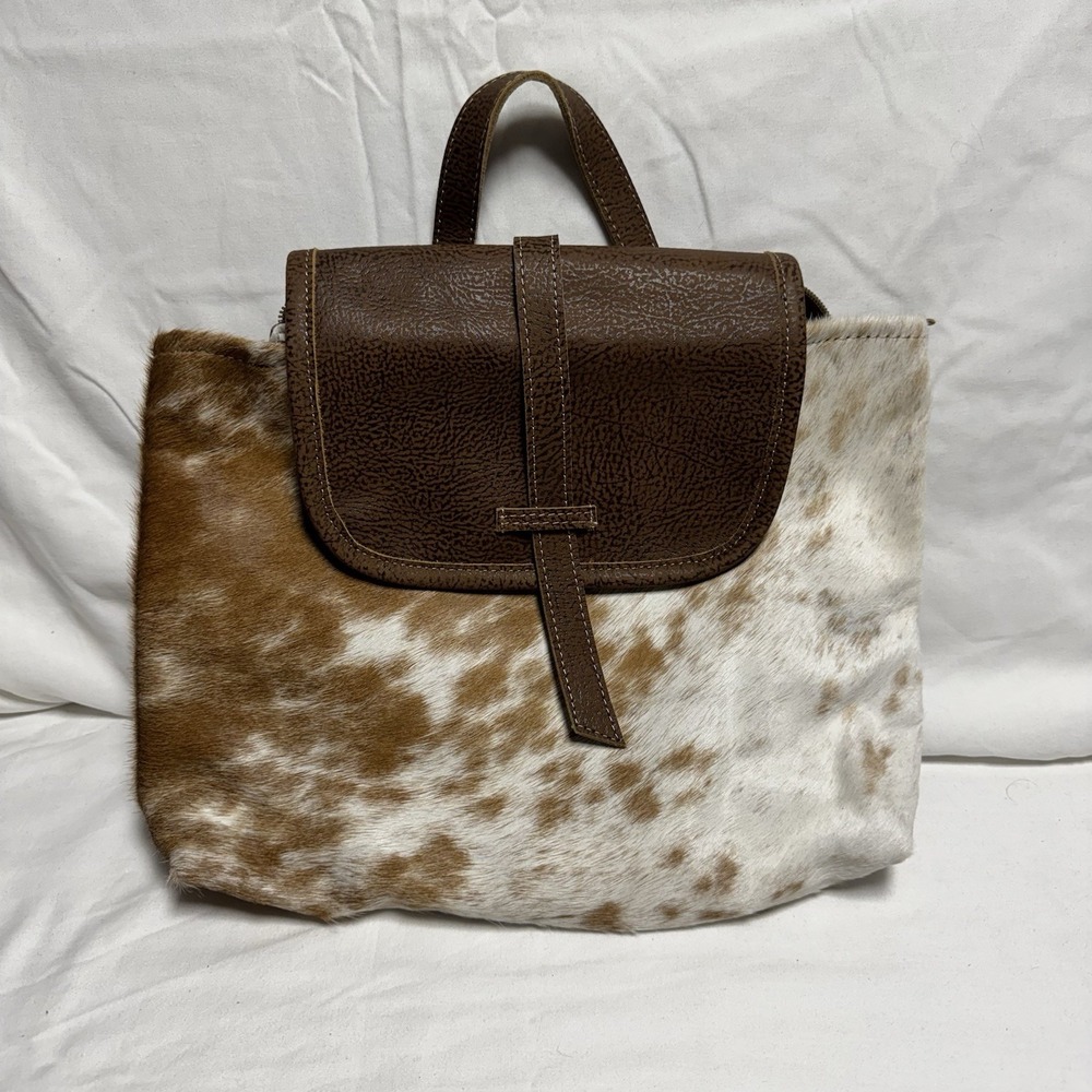 MYRA Bag Cowhide Leather Hair-On Hide Backpack Brown/Tan/White Western Boho EUC